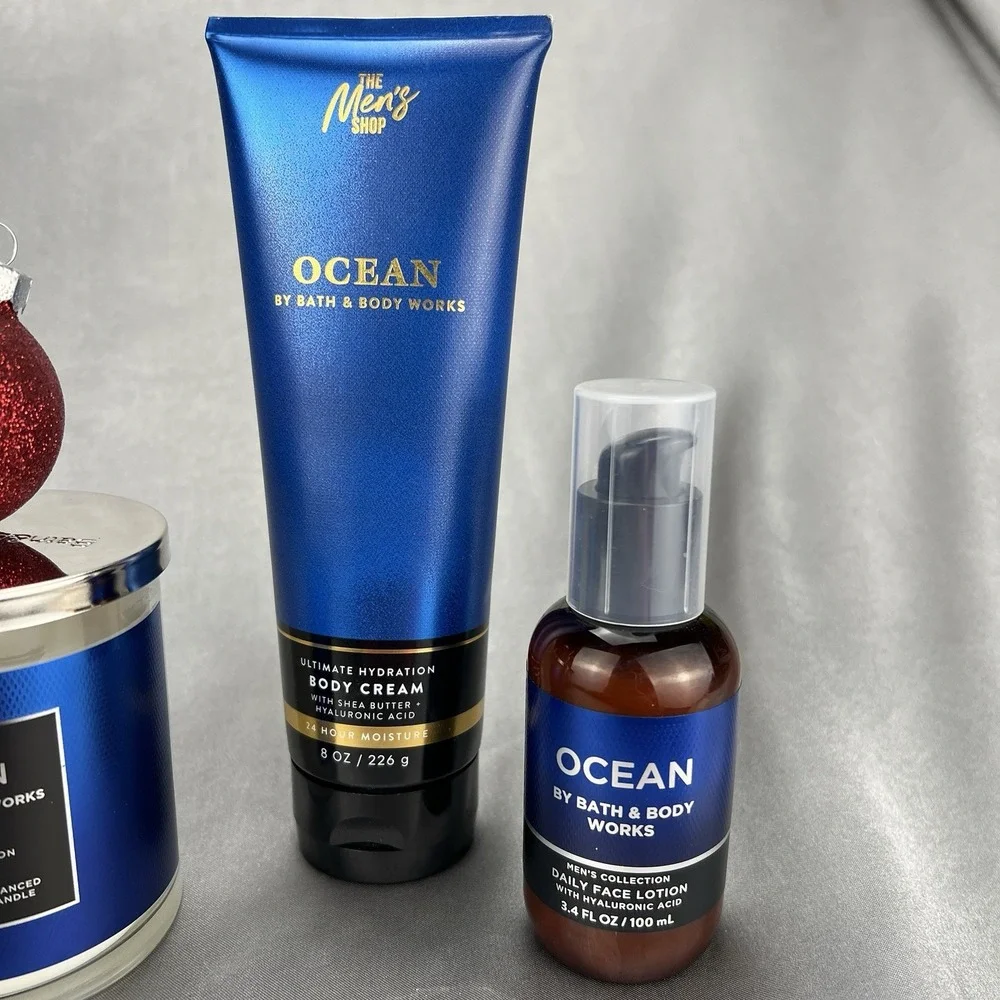 5pc Gift Lot Bath & Body Works Men's Collection Ocean Candle Face Lotion Cream +